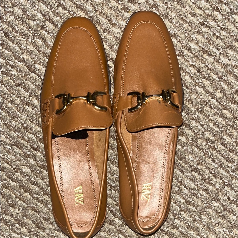 Zara Tan Leather Horsebit Loafers with Gold Hardware